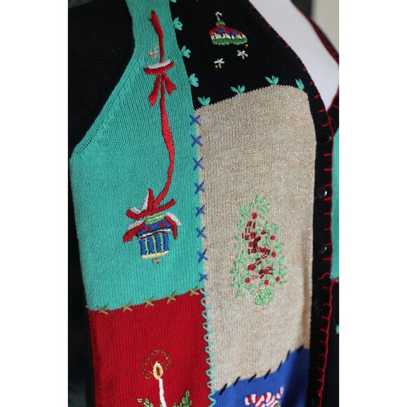 Vintage Venezia Vitale Patchwork Christmas Zip Sweater Beaded Candy Cane Tree L - Picture 5 of 12